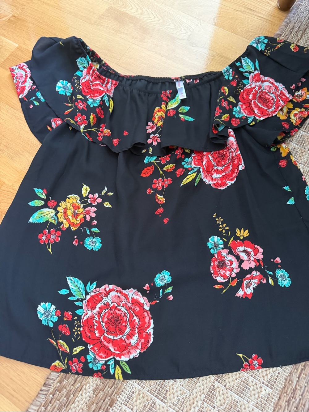 Black Off-Shoulder Floral Top with Red & Teal Blooms